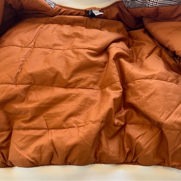 H&M Cream & Brown Plaid R Patch Snap Button Varsity Baseball Jacket Size XXS - Picture 7 of 8